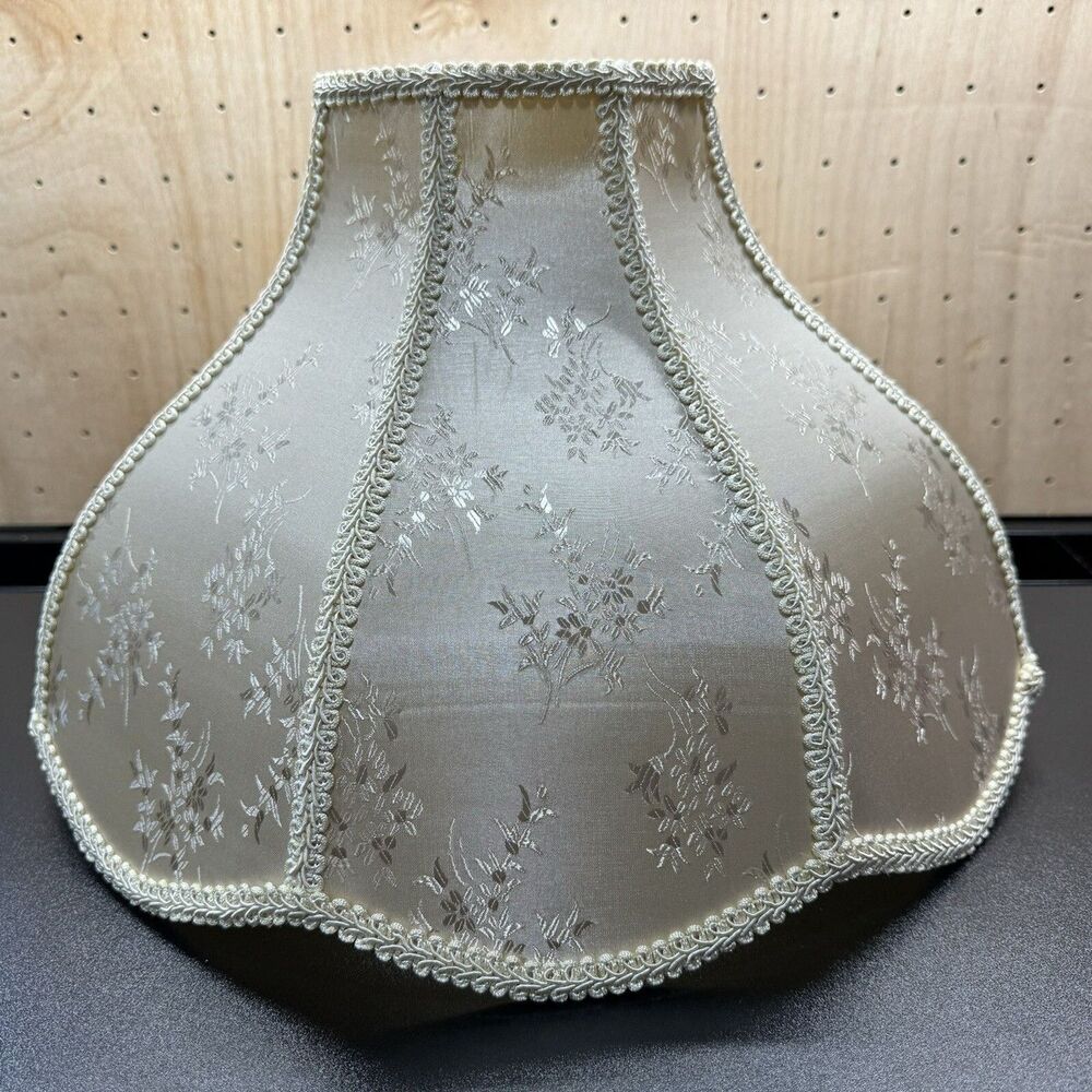 Victorian Lamp Shade Damask Floral & Trim Antique White Brocade 12"H x 17"W